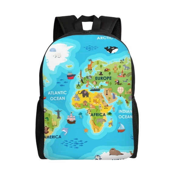 Horeoi World Map With Animals Landmarks Print Waterproof 600D Oxford Laptop Backpack for School Travel Work - Lightweight Durable Bag with Adjustable Straps