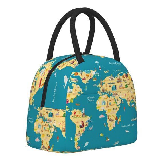 Horeoi World Map With Landmarks Pattern Large Insulated Lunch Bag for Work, School, Picnic - Waterproof, Durable Oxford Cloth, Comfortable Handle-Black