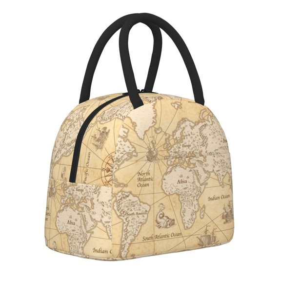 Horeoi World Map Pattern Large Insulated Lunch Bag for Work, School, Picnic - Waterproof, Durable Oxford Cloth, Comfortable Handle-Black