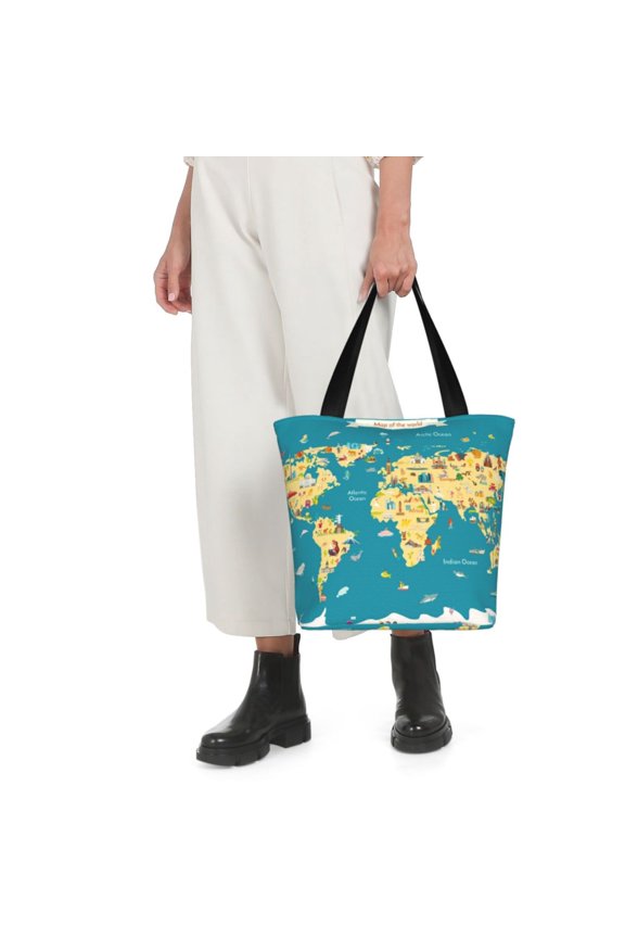 World Map With Landmarks Print Shoulder Bag for Women Large Capacity Zipper Tote for Shopping Beach Travel Gym with Inner Pocket