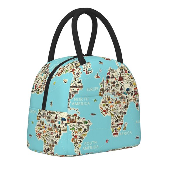 Horeoi World Travel Line Icons Map Pattern Large Insulated Lunch Bag for Work, School, Picnic - Waterproof, Durable Oxford Cloth, Comfortable Handle-Black