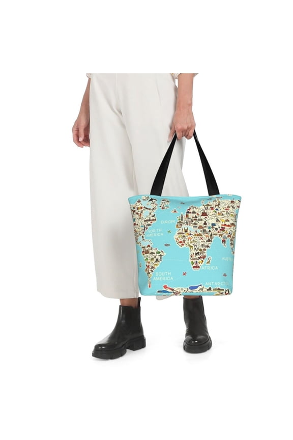 World Travel Line Icons Map Print Shoulder Bag for Women Large Capacity Zipper Tote for Shopping Beach Travel Gym with Inner Pocket