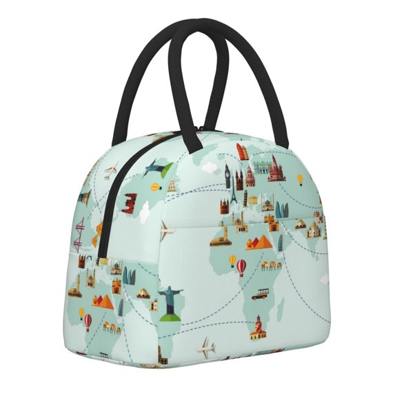 Horeoi World Travel Map Pattern Large Insulated Lunch Bag for Work, School, Picnic - Waterproof, Durable Oxford Cloth, Comfortable Handle-Black
