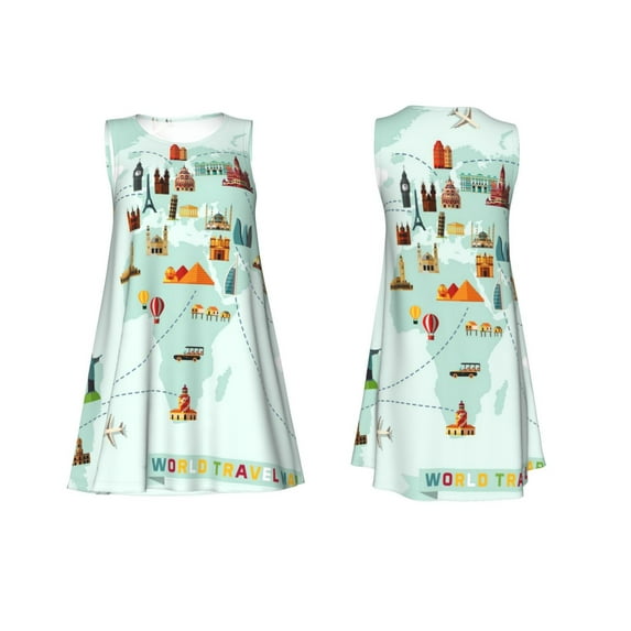 Horeoi World Travel Map Print Women's Sleeveless Dress Cotton-like Flared Hem Deep Side Pockets Above-Knee