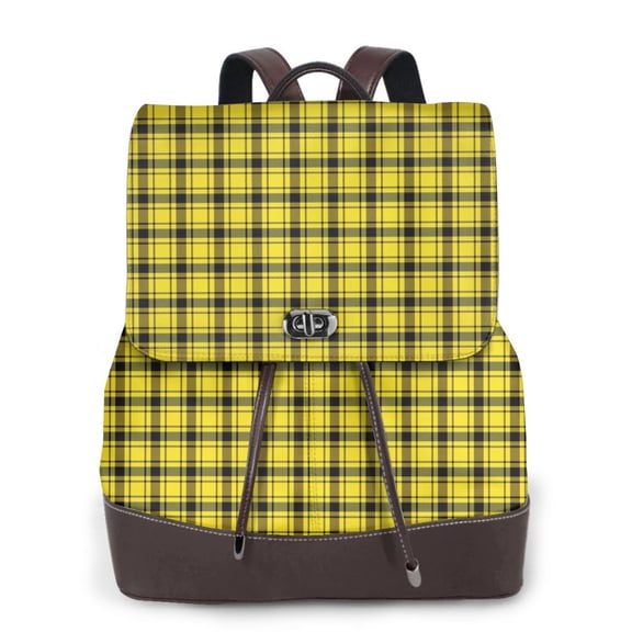 Horeoi Yellow Checkered Plaid for Womens Leather Backpack for School Travel Work or Casual Use with Zipper Pockets and Spacious Interior