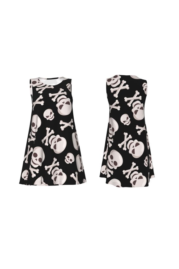 black white Skull bone Print Women's Sleeveless Dress Cotton-like Flared Hem Deep Side Pockets Above-Knee