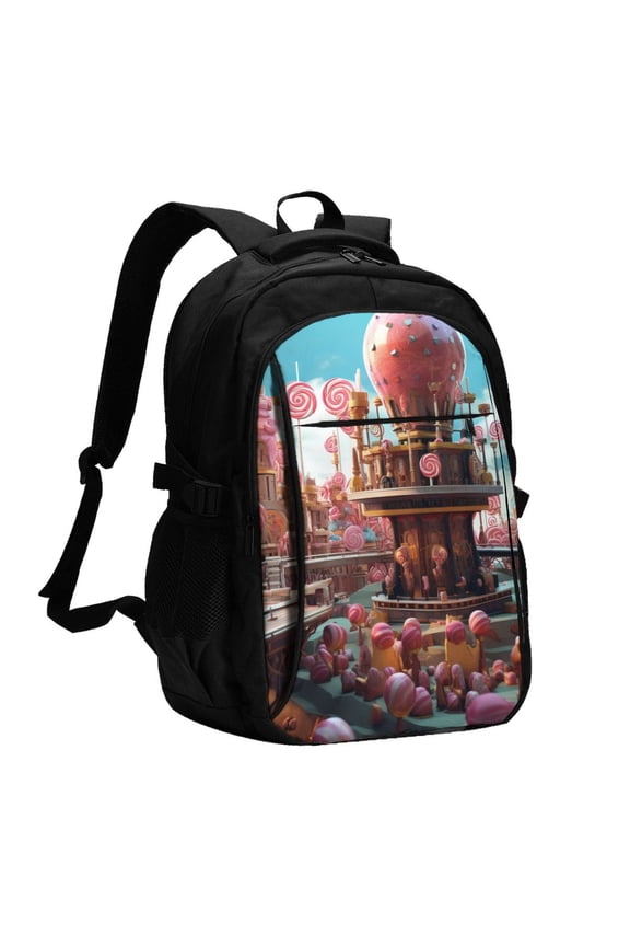 fairy-tale-world-with-delicious-candy Print USB Backpack for Travel School Work with Laptop Compartment Charging Port and Anti-Theft Pocket