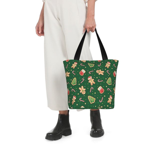 Horeoi green Christmas Element Print Shoulder Bag for Women Large Capacity Zipper Tote for Shopping Beach Travel Gym with Inner Pocket