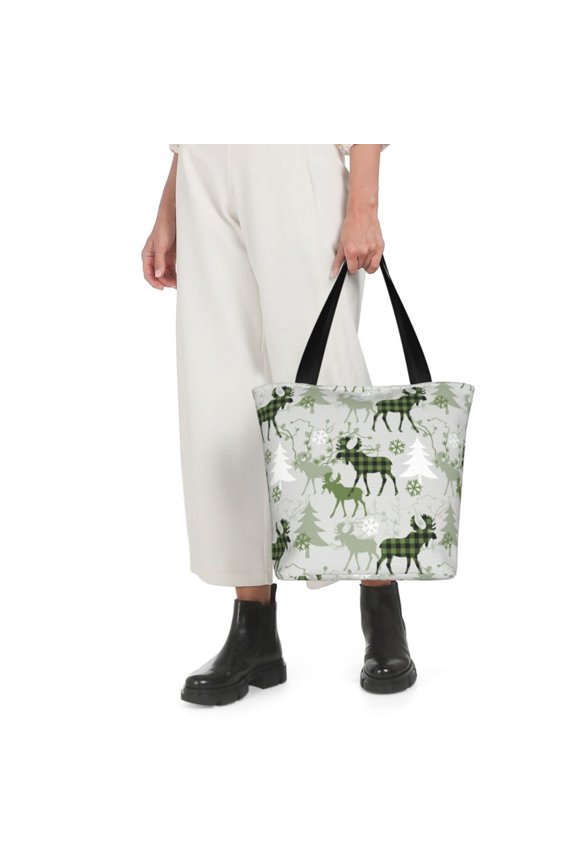 green plaid Moose tree Print Shoulder Bag for Women Large Capacity Zipper Tote for Shopping Beach Travel Gym with Inner Pocket