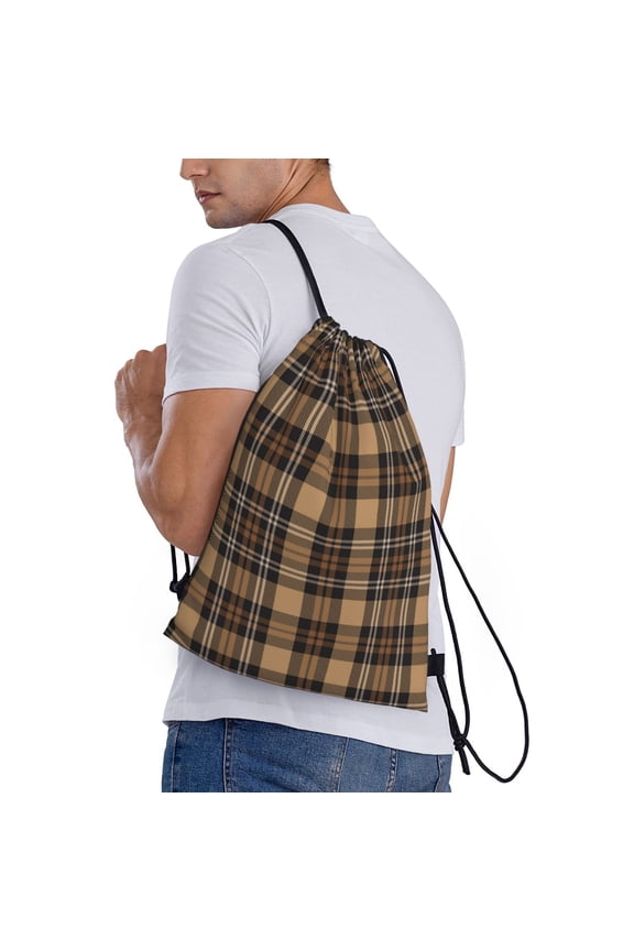 khaki coffee plaid Print Drawstring Bags for Gym Sports Yoga Travel Lightweight Foldable Sackpack for Men Women Teens