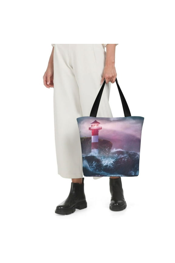 lighthouse Waves Torrential Rain Print Shoulder Bag for Women Large Capacity Zipper Tote for Shopping Beach Travel Gym with Inner Pocket