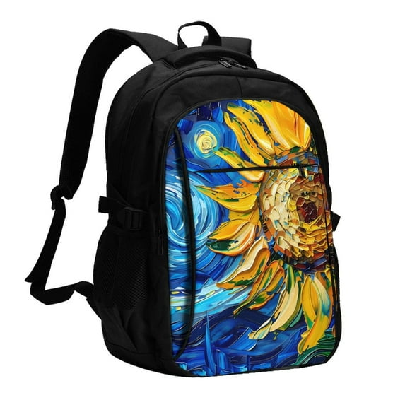 Horeoi vintage Starry Sunflower Print USB Backpack for Travel School Work with Laptop Compartment Charging Port and Anti-Theft Pocket
