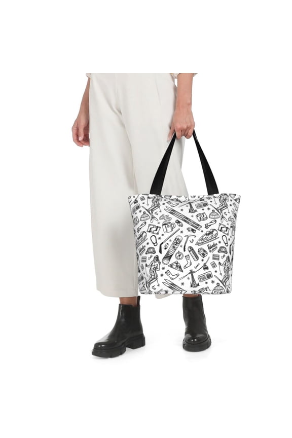 winter Ski Element Print Shoulder Bag for Women Large Capacity Zipper Tote for Shopping Beach Travel Gym with Inner Pocket