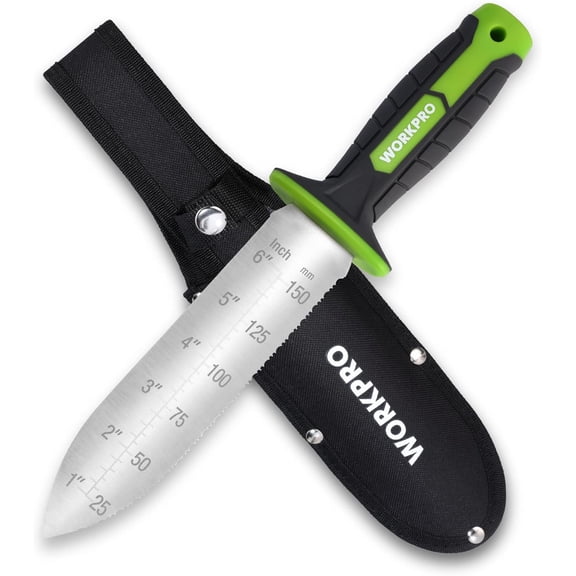 Hori Garden Knife, 7" Stainless Steel Blade with Cutting Edge, Tools Oxford Sheath, Ergonomic TRP Handle Hanging Hole for Weeding, Planting, Digging, Green