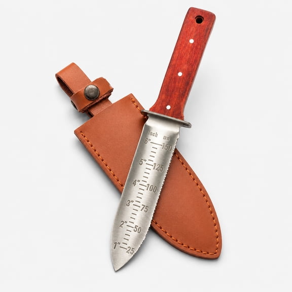 Hori Hori Garden Knife, 7" Stainless Steel Serrated Blade, Gardening Tool with Leather Sheath for Weeding, Planting, and Digging