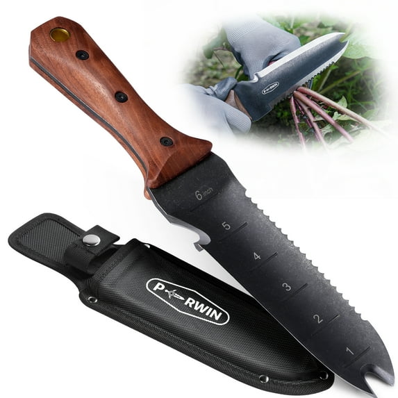 Hori Hori Garden Knife, Garden Tools with Sheath for Weeding,Planting,Digging, 7" Stainless Steel Blade with Cutting Edge, Wood Handle with Hanging Hole