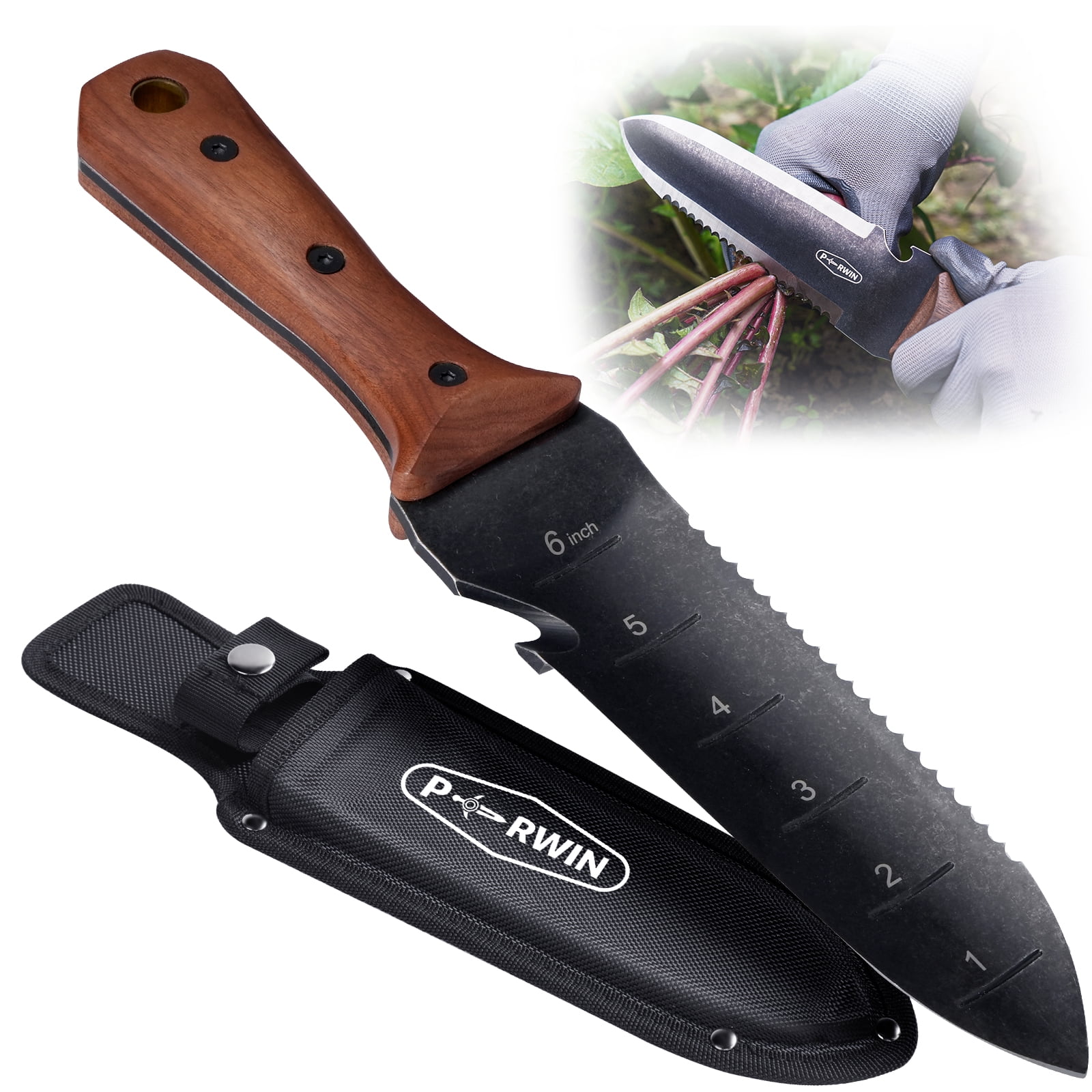 Perwin Hori Hori Garden Knife, Garden Tool with Sheath and Hanging Hole, 7-inch Stainless Steel Blade with Cutting Edge, for Weeding, Digging, Planting