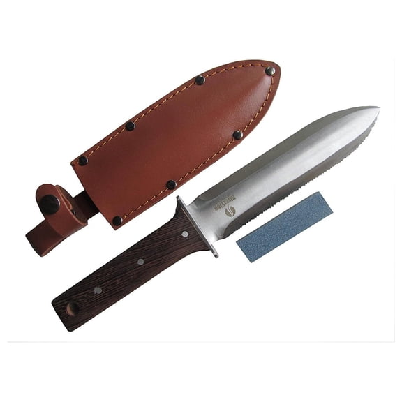 Hori Hori Japanese Garden Knife - Multi-use Camping/Digging Tool[A Gardeners Dream] Sharp Stainless Steel Blade - Heavy Riveted Leather Sheath - Whetstone Sharpening Stone