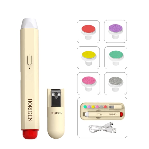 Horigen Baby Electric Nail Trimmer for Baby, Gentle Nail Trimmer Kit Rechargeable, 6 Replaceable Grinding Heads, LED Light (Beige)