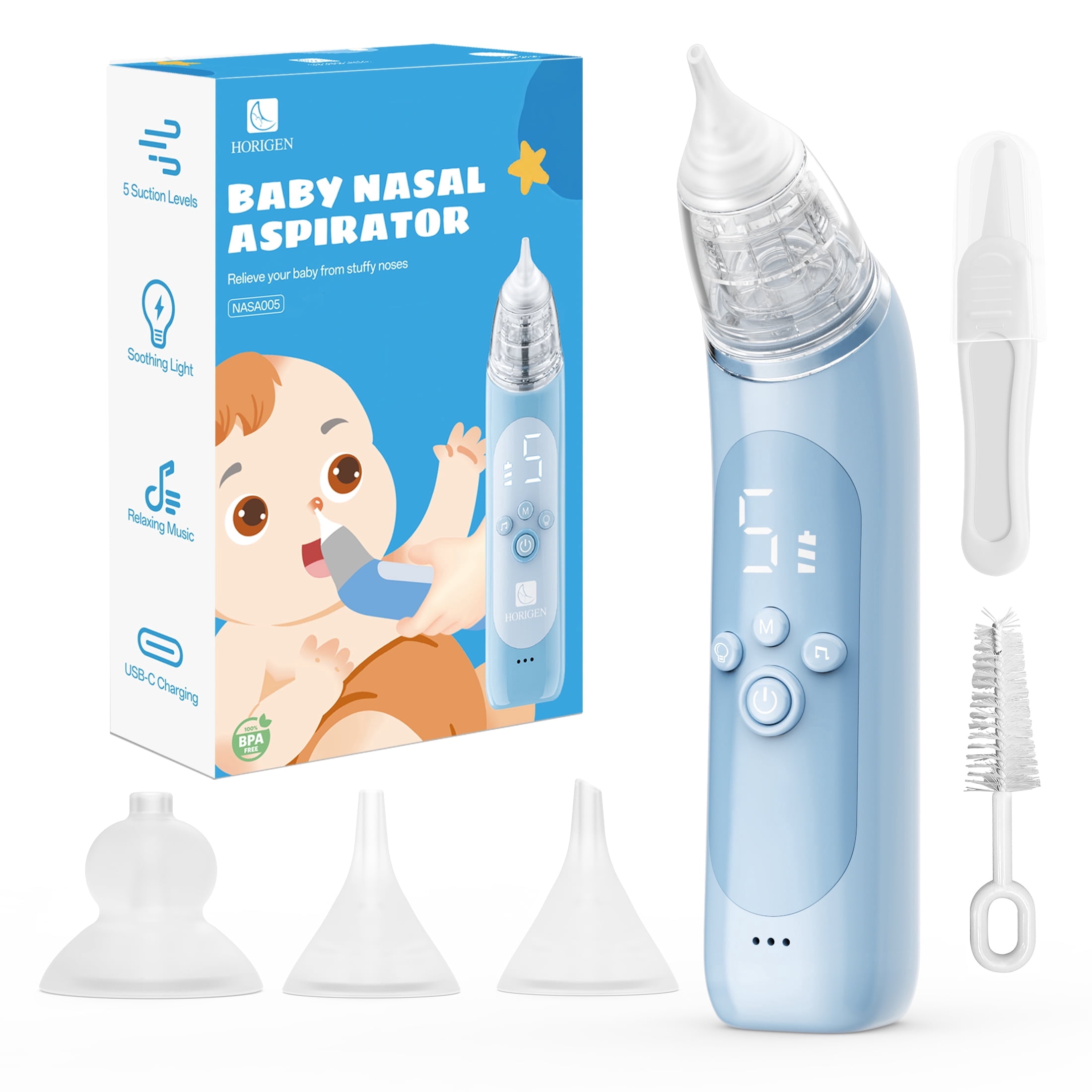 Horigen Baby Nasal Aspirator, 68kPa Electric Nose Sucker with Music & Light, Portable for Newborns