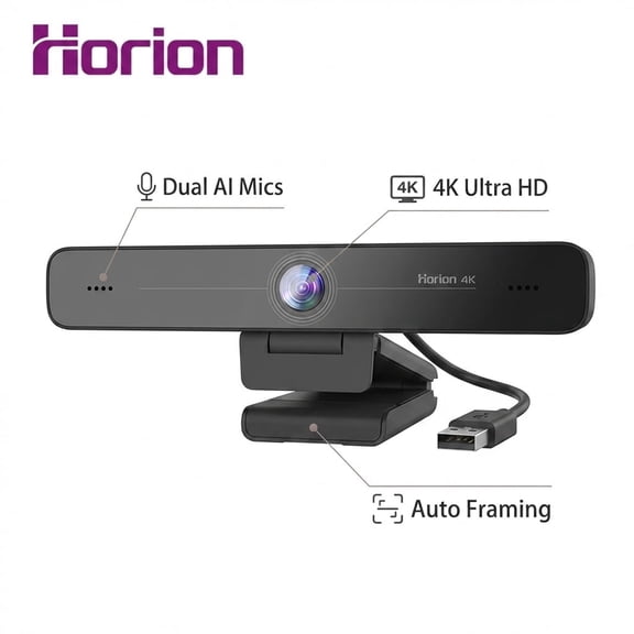 Horion 4K Ultra HD Webcam with Auto Framing, AI Noise Canceling Dual Mics, 100° Wide Angle USB Computer Camera for Video Conferencing and Live Streaming
