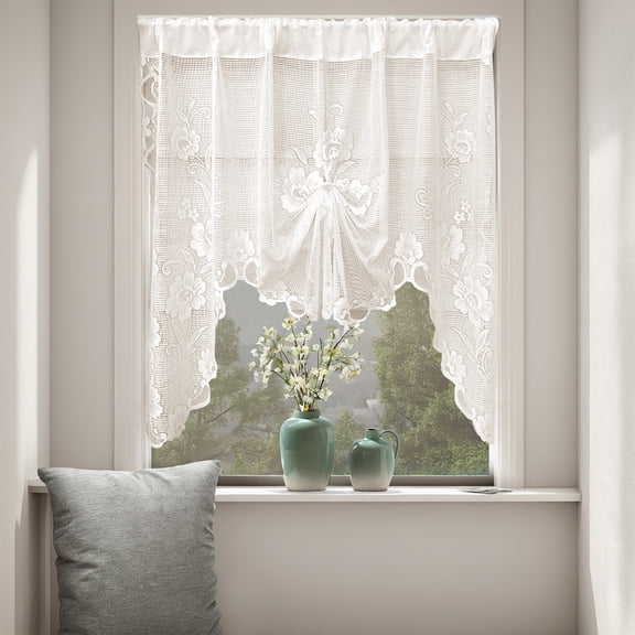 Horivan 1 Counts Butterfly Style Pull-Up Lace Curtain Voile Window Shade for Kitchen and Room Divider