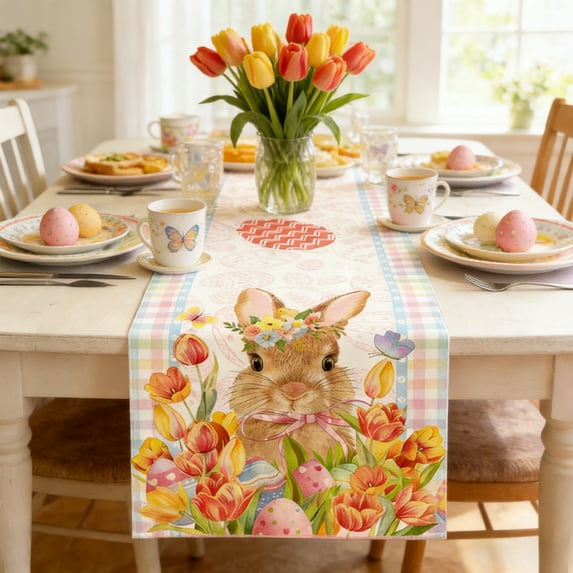 Horivan 1 Counts Easter Bunny Table Runner Polyester Lace Tablecloth for Dining Room Decor Spring Holiday Party Decoration Bohemian Home Table Setting