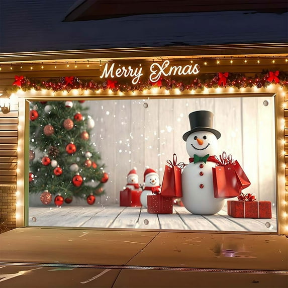 Horivan 1 Packs Large Christmas Backdrop Banner 13x5.9ft Outdoor Indoor Decor with HD Printing for Garage Door Wall Party Decor Holiday Yard Banner with Snowman Tree Design Weather Resistant