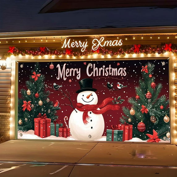 Horivan 1 Packs Large Christmas Backdrop Banner 13x5.9ft Outdoor Indoor Decor with HD Printing for Garage Door Wall Party Decor Holiday Yard Banner with Snowman Tree Design Weather Resistant