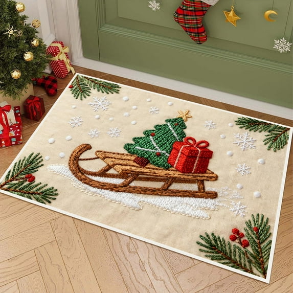 Horivan 2 Packs Christmas 3D Embroidery Door Mat Non Slip Absorbent Kitchen Rug Holiday Home Decor Washable Floor Mat for Entryway Bathroom