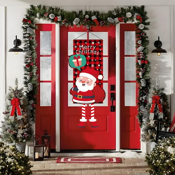 Horivan 2 Packs Christmas Hanging Banner Colorful Cartoon Print Fabric Party Backdrop Holiday Wall Decor for Xmas Tree Party Supplies Indoor Outdoor Festive