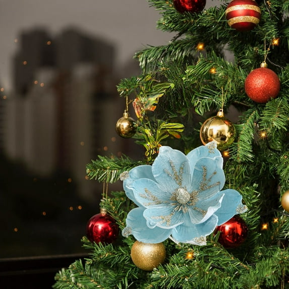 Horivan 24CM Flocked Fabric Magnolia Christmas Flowers Realistic Artificial Holiday Decor for Tree Home Party Blue Pink Navy Green Long Lasting