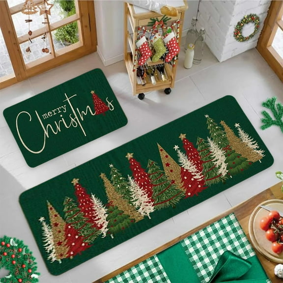 Horivan 2PCS Christmas Kitchen Rugs and Mats Non Slip Waterproof Holiday Floor Decor for Sink Front and Entryway Festive Home Kitchen Accessories