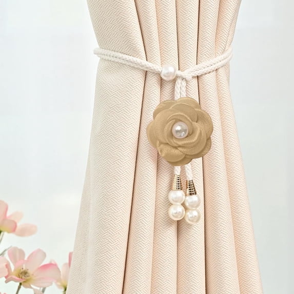 Horivan 3 Counts Camellia Curtain Tiebacks with Pearl Accents Adjustable Rope for Sheer to Blackout Curtains Modern Window Decor Home Accessories