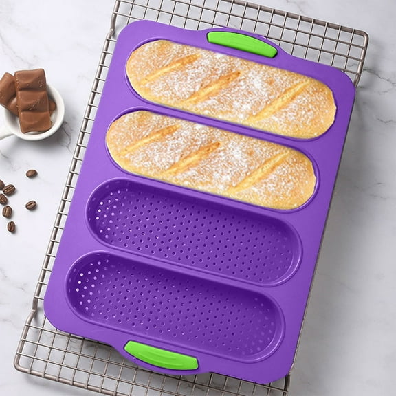 Horivan 4-Cavity Silicone Bread Pan Non-Stick Baguette Mold with Stand Heat-Resistant Baking Pan for Homemade Sourdough Sandwich Rolls Dishwasher & Microwave Safe Kitchen Baking Supplies