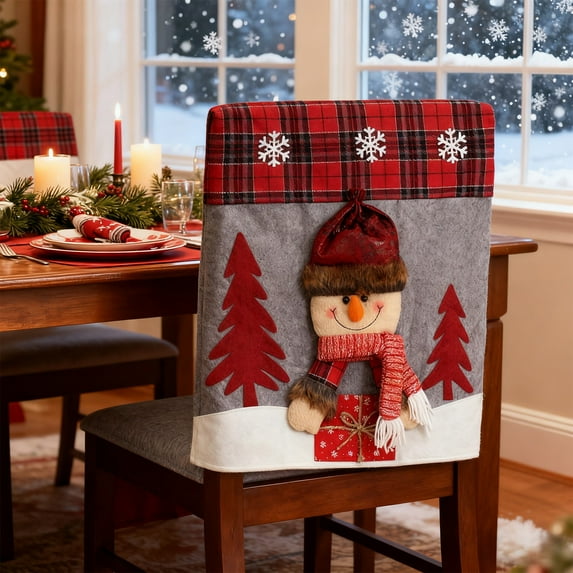 Horivan Christmas Chair Covers Holiday Decorations Red Cloth Dining Chair Protector Festive Santa Snowman Elk Print Seat Cover for Home Party Decoration