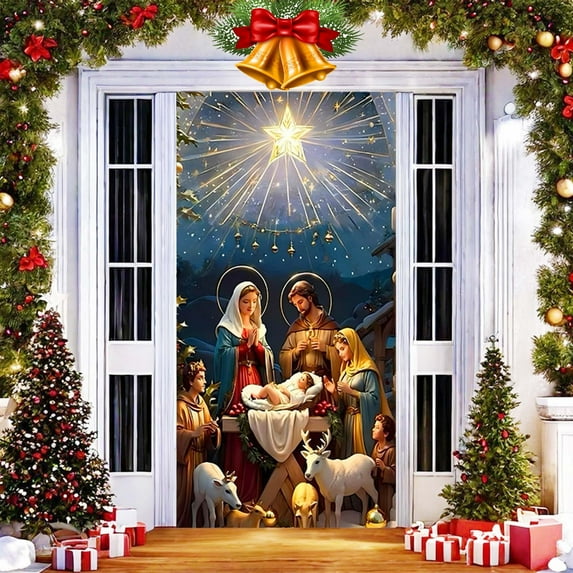 Horivan Christmas Door Arch Decorations for Holiday Party Backdrops Reusable with Bow Design Easy Install Door Cover for Indoor Outdoor Christmas Decor Festive Home Doorway Decorations