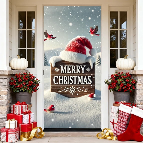 Horivan Christmas Door Cover Decorations with Santa Claus Pattern Festive Polyester Fabric for Indoor Outdoor Holiday Party Door Curtain for Xmas Home Decor Large 90x200cm Holiday Scene
