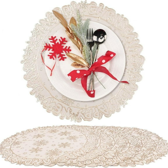 Horivan Christmas Snowflake PVC Table Mat Waterproof Heat Resistant Round Placemat Holiday Dining Decor for Christmas Party Western Style Table Setting Festive Dinnerware
