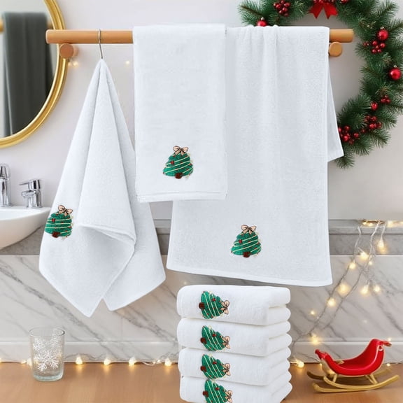 Horivan Christmas Themed Embroidered Towel 4PCS Cotton Bath Towels Soft Absorbent Holiday Bathroom Decor Luxury Spa Towels for Adults Home