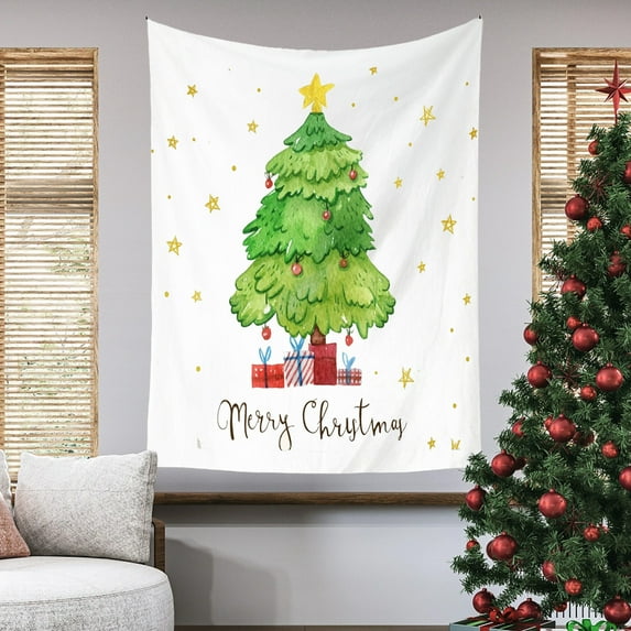 Horivan Christmas Tree Tapestry Wall Hanging Decor with Vintage Wood Background Cotton Fabric for Holiday Living Room Bedroom Dorm Party Decoration Reusable Festive Home Wall Art