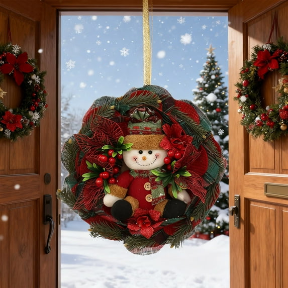 Horivan Christmas Wall Hanging Decor Santa Claus Snowman Wreath with Bow, Durable Polyester, Indoor Outdoor Holiday Home Garden Party Decoration, Festive Ornament for Xmas Season