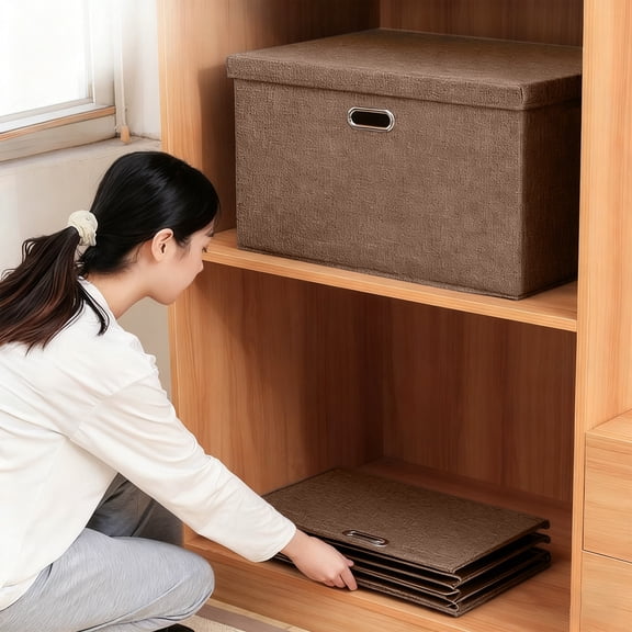 Horivan Collapsible Linen Storage Box Organizer Foldable Stackable Fabric Cube Bin with Lid for Home Closet Wardrobe Organization Space Saving Container