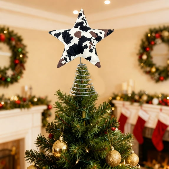 Horivan Cow Print Star Tree Topper Christmas Tree Decoration Metal Spring Base Festive Holiday Home Decor for Xmas Party Gift