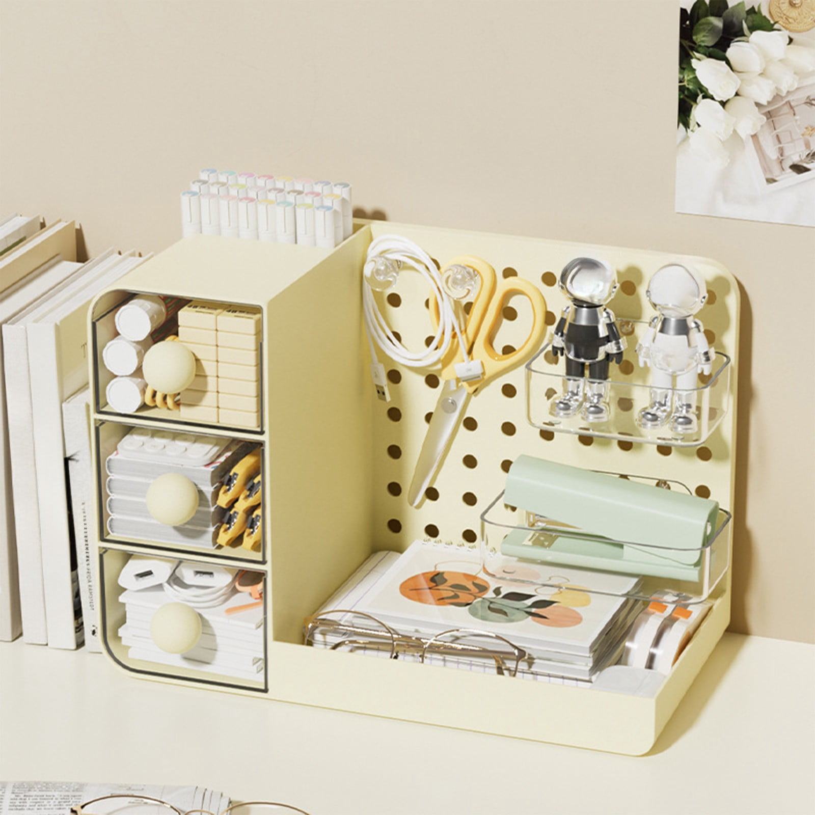 Horivan Desktop Pegboard Organizer with Drawers Adjustable Storage Rack for Office Supplies Cosmetics Crafts Multifunctional Desk Organizer for Home Office Desk Space Saving Desktop Organizer