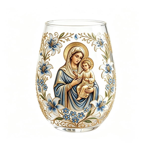 Horivan Gold Lamb & Grape Art Printed Stemless Glass Cup Catholic Religious Gift for Baptism First Communion Daily Drinkware