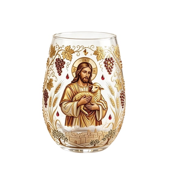 Horivan Gold Lamb & Grape Art Printed Stemless Glass Cup Catholic Religious Gift for Baptism First Communion Daily Drinkware