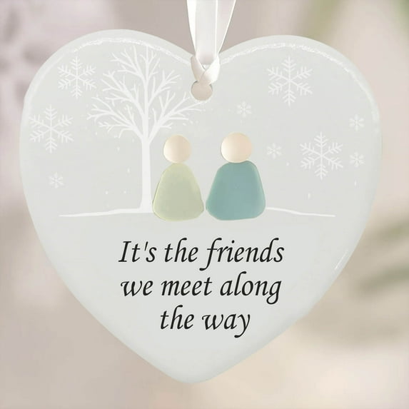 Horivan Handmade Sea Glass Heart Friendship Ornament for Christmas Tree Decor, Unique Beach Glass Keepsake Gift for Best Friend, Sister, Coworker