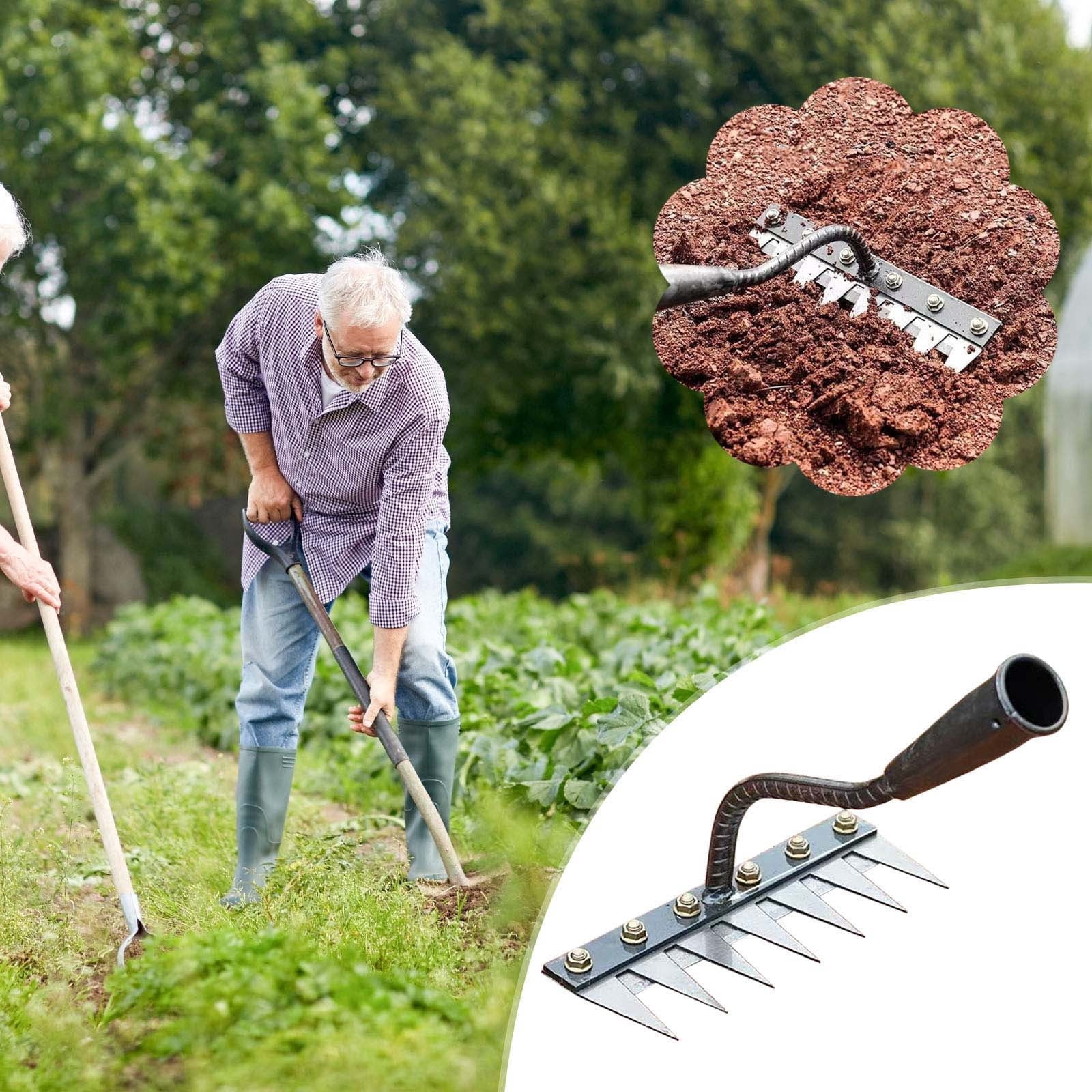 Horivan Iron Weeding Rake, Heavy-Duty Carbon Steel Garden Tool for Efficient Weed Removal and Soil Cultivation, Professional Yard Maintenance Weeder Rake with Wooden Handle