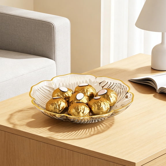 Horivan Lotus Design Gold Trim Plastic Fruit Tray, Food Grade Serving Dish for Coffee Table, Party Snack Plates, Commercial Display Bowl, Stackable Home Decor